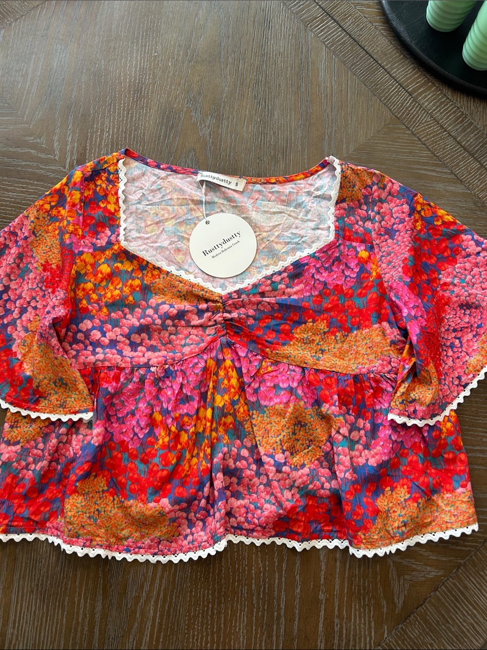 Rusttyduatty Red, Pink & Orange Floral Lace-Trim Crop Top